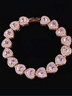 New Rose Gold Heart Bracelet Pink Certified CZ Tennis Bracelet Titanium Steel